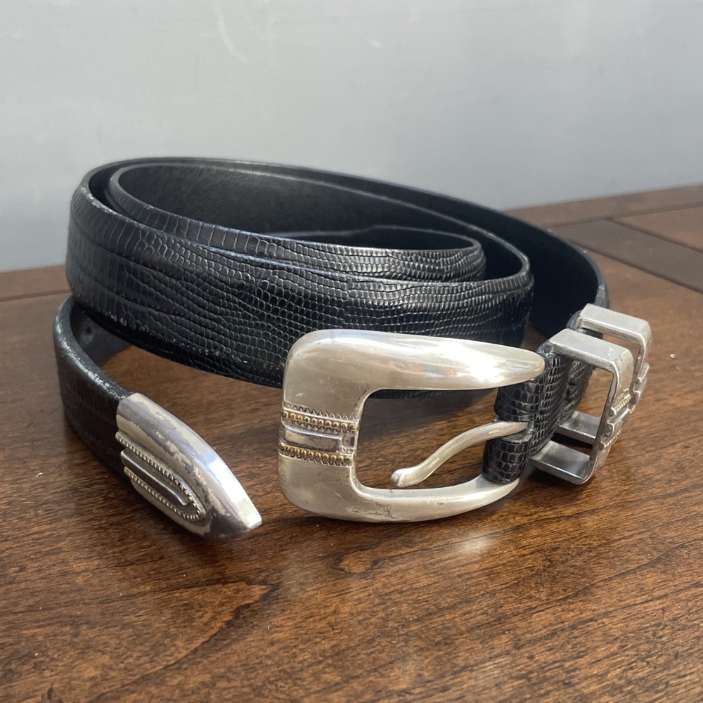 Remo Tulliani Italian Black Calfskin Western Leather Belt Sz 40 USA Silver Rock